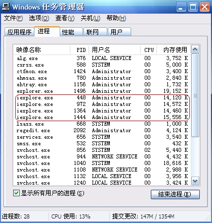 任务管理器中 IEXPLORE.EXE 的数量