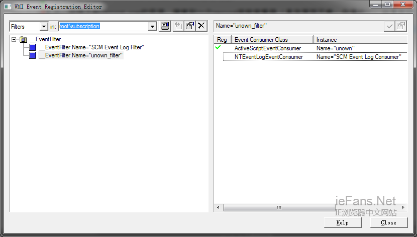 打开 WMI event viewer 填入 root\subscription